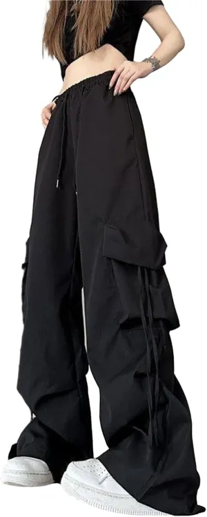 Women Cargo Trousers Retro Women's Pants Elastic High Waist Drawstring Multi-Pocket Straight Wide Leg for Streetwear