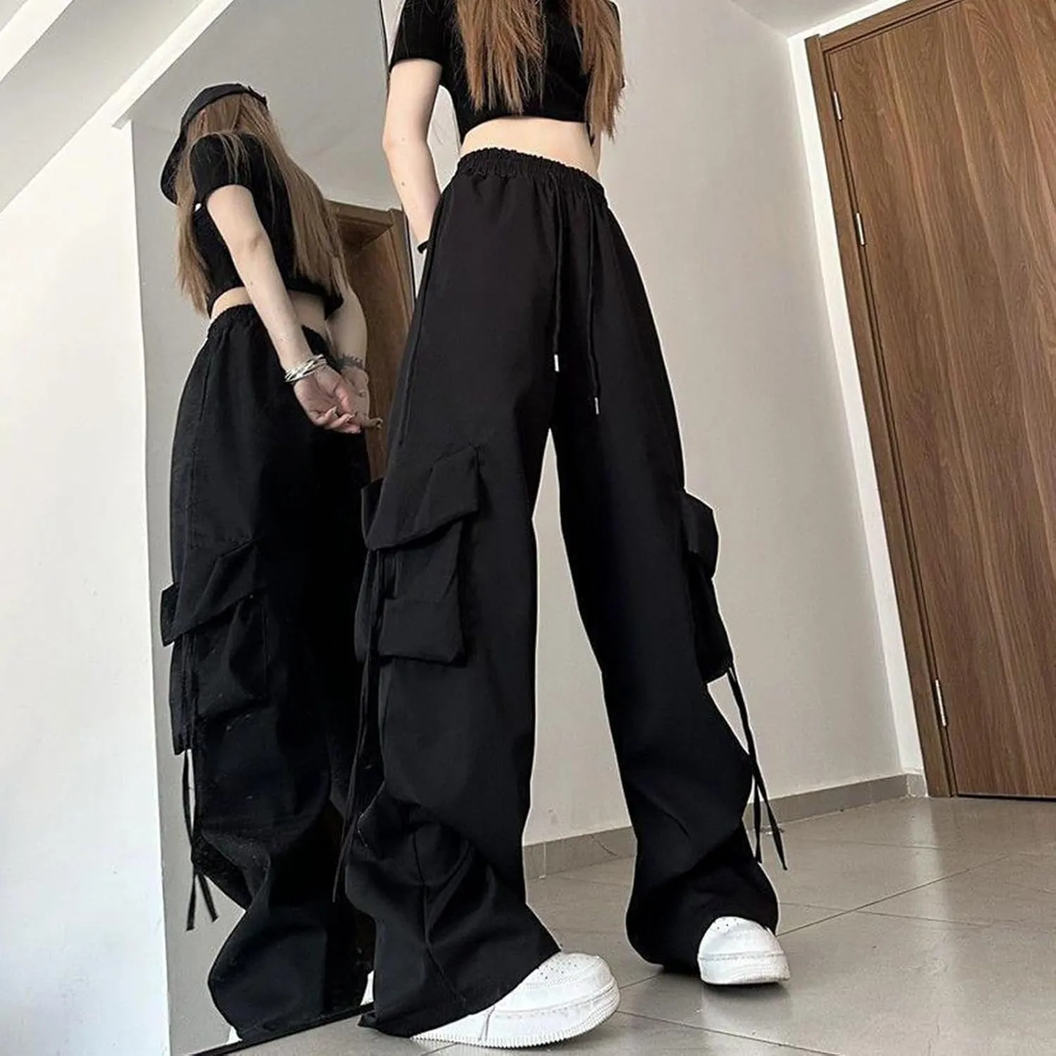 Women Cargo Trousers Retro Women's Pants Elastic High Waist Drawstring Multi-Pocket Straight Wide Leg for Streetwear