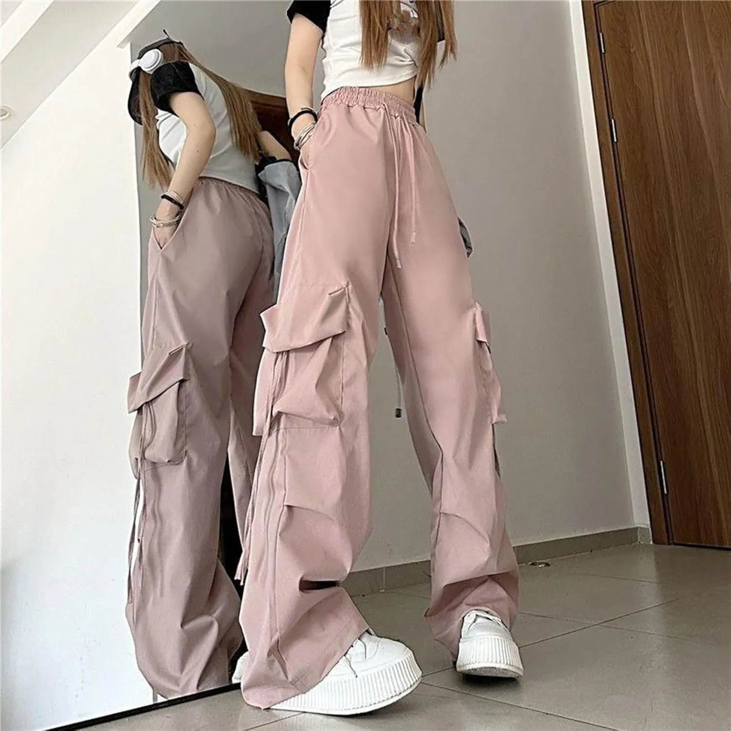Women Cargo Trousers Retro Women's Pants Elastic High Waist Drawstring Multi-Pocket Straight Wide Leg for Streetwear