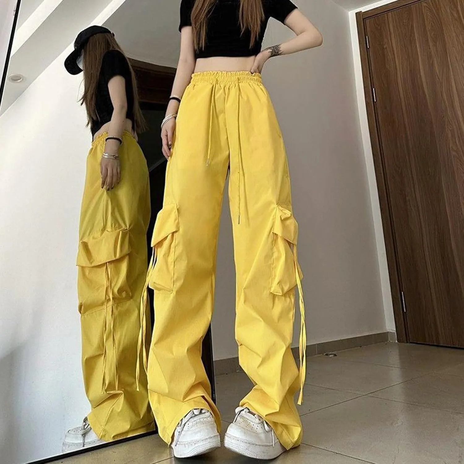 Women Cargo Trousers Retro Women's Pants Elastic High Waist Drawstring Multi-Pocket Straight Wide Leg for Streetwear
