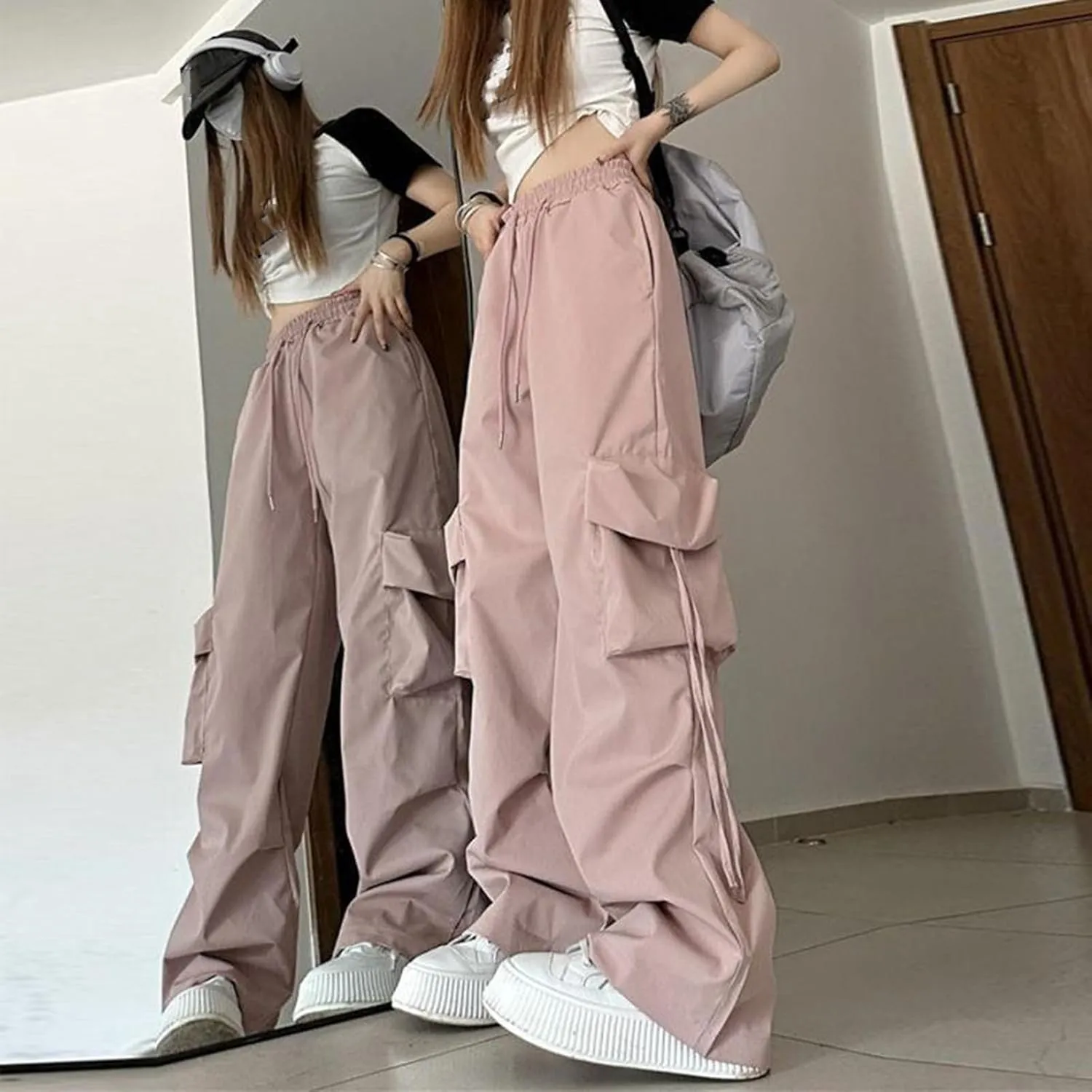 Women Cargo Trousers Retro Women's Pants Elastic High Waist Drawstring Multi-Pocket Straight Wide Leg for Streetwear