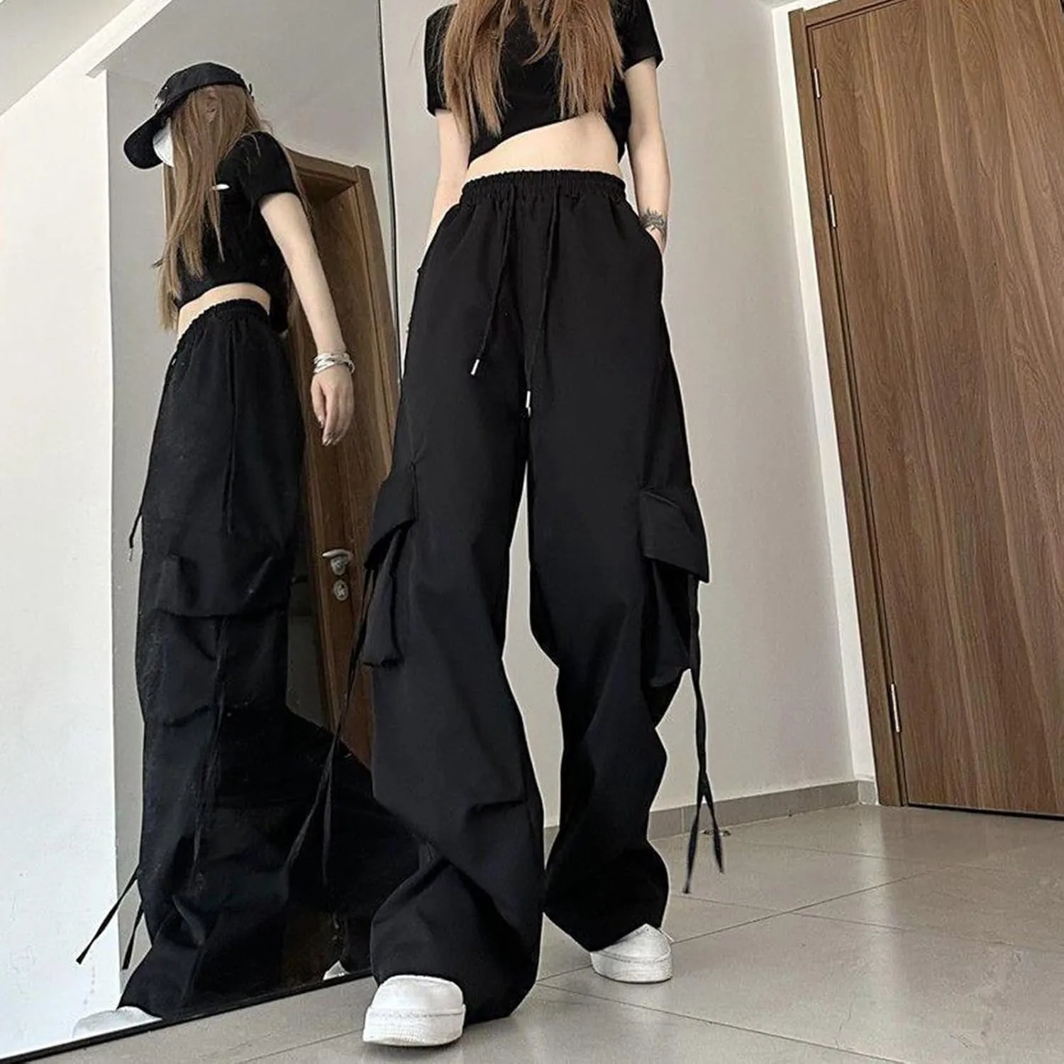 Women Cargo Trousers Retro Women's Pants Elastic High Waist Drawstring Multi-Pocket Straight Wide Leg for Streetwear