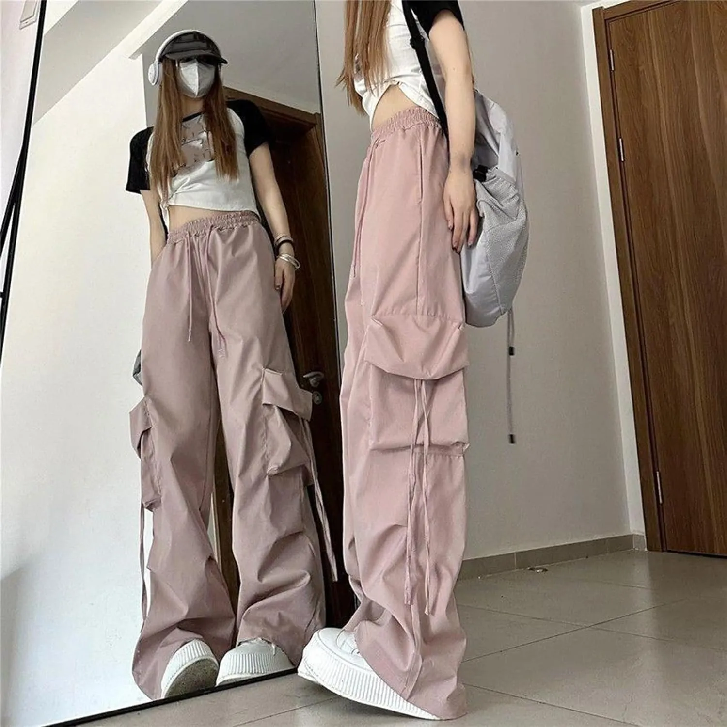 Women Cargo Trousers Retro Women's Pants Elastic High Waist Drawstring Multi-Pocket Straight Wide Leg for Streetwear