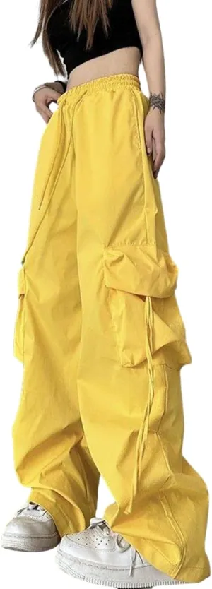 Women Cargo Trousers Retro Women's Pants Elastic High Waist Drawstring Multi-Pocket Straight Wide Leg for Streetwear