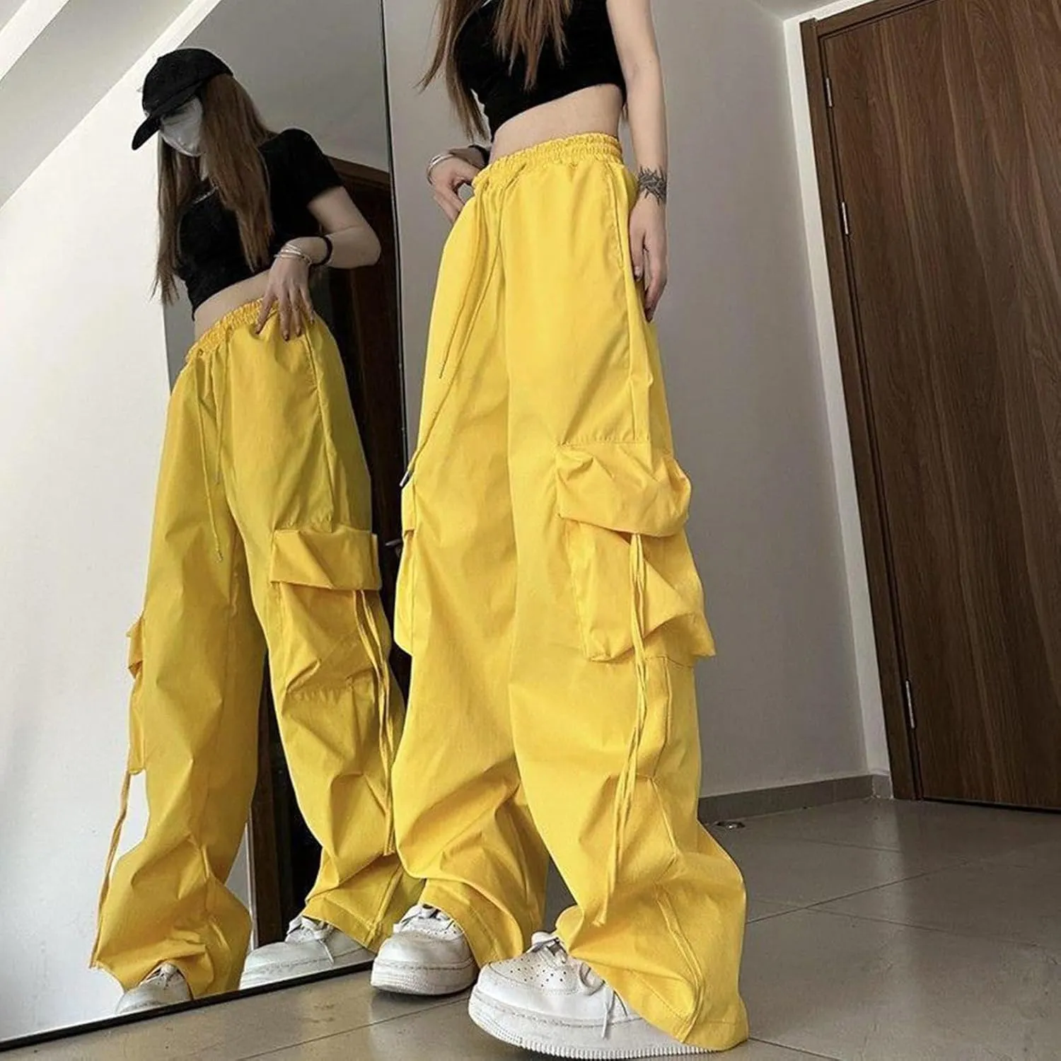 Women Cargo Trousers Retro Women's Pants Elastic High Waist Drawstring Multi-Pocket Straight Wide Leg for Streetwear