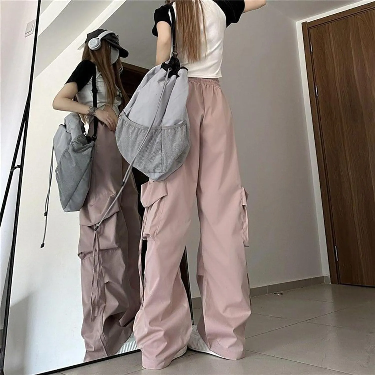 Women Cargo Trousers Retro Women's Pants Elastic High Waist Drawstring Multi-Pocket Straight Wide Leg for Streetwear