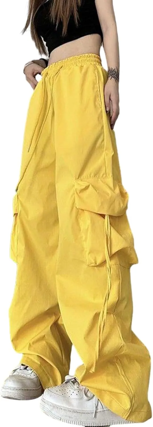 Women Cargo Trousers Retro Women's Pants Elastic High Waist Drawstring Multi-Pocket Straight Wide Leg for Streetwear