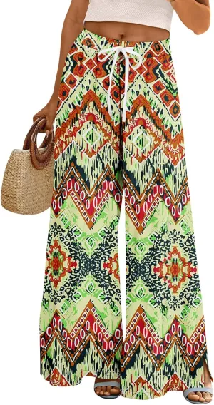 Women Casual High Waist Wide Leg Floral Palazzo Pant Summer Boho Flowy Beach Trousers with Pockets