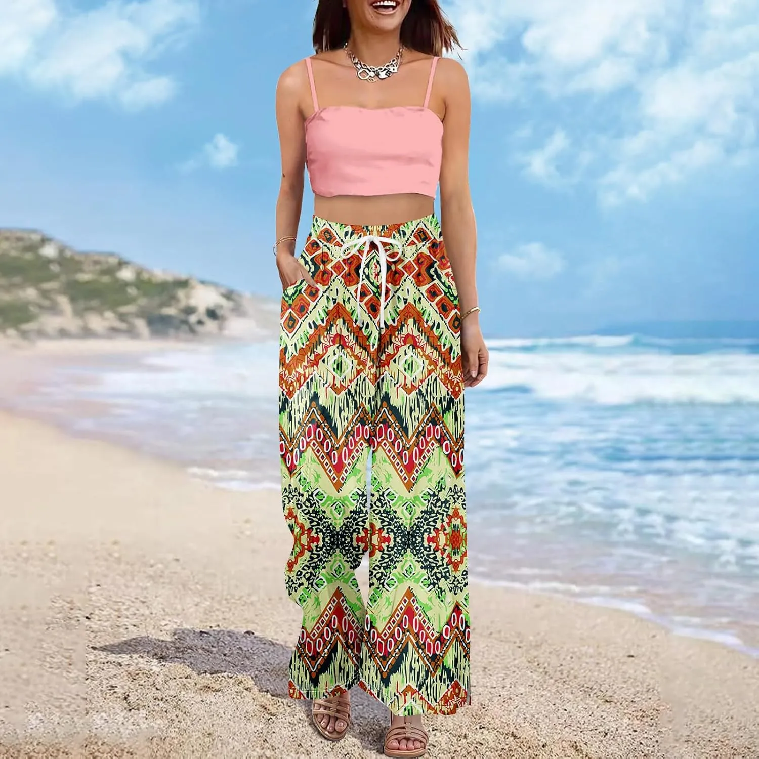Women Casual High Waist Wide Leg Floral Palazzo Pant Summer Boho Flowy Beach Trousers with Pockets