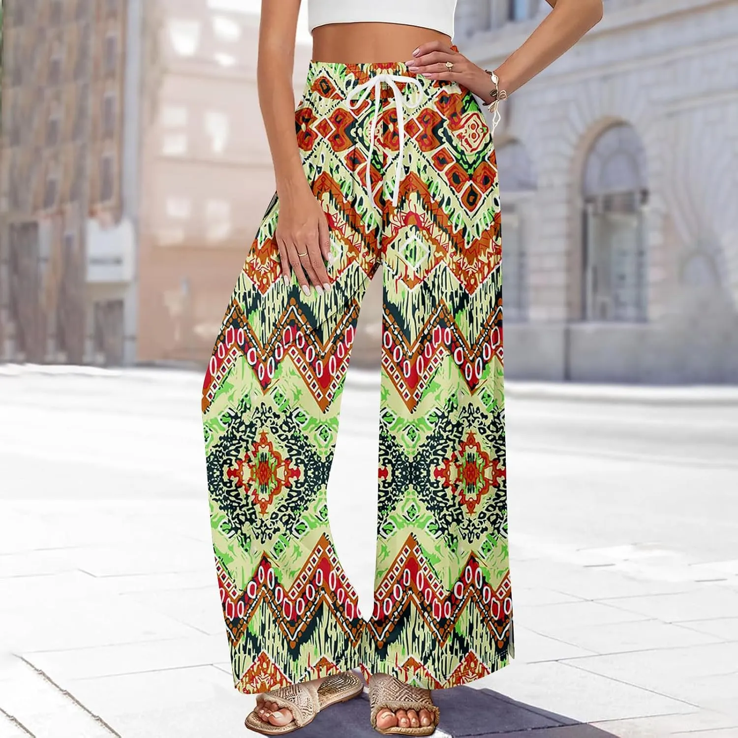 Women Casual High Waist Wide Leg Floral Palazzo Pant Summer Boho Flowy Beach Trousers with Pockets