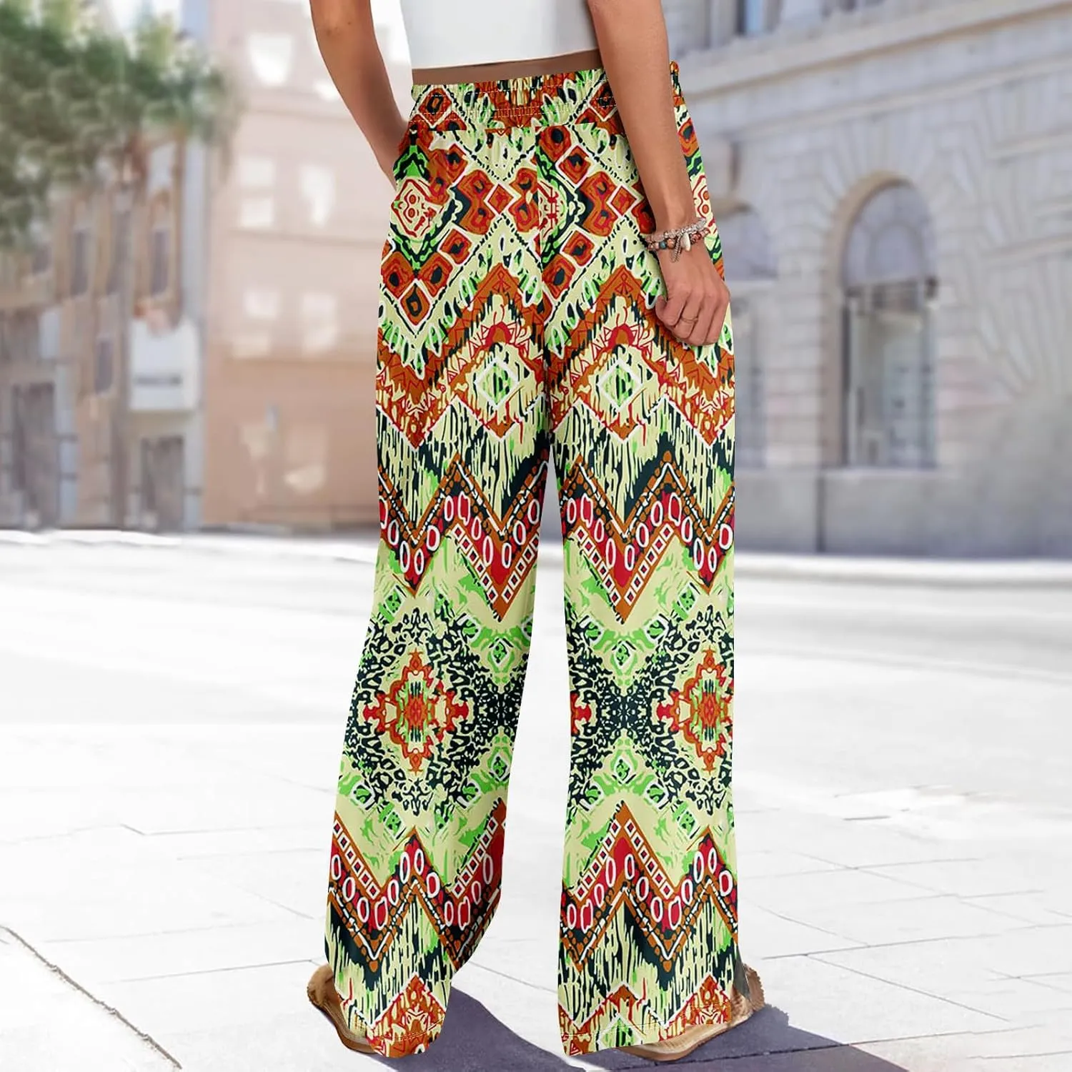 Women Casual High Waist Wide Leg Floral Palazzo Pant Summer Boho Flowy Beach Trousers with Pockets