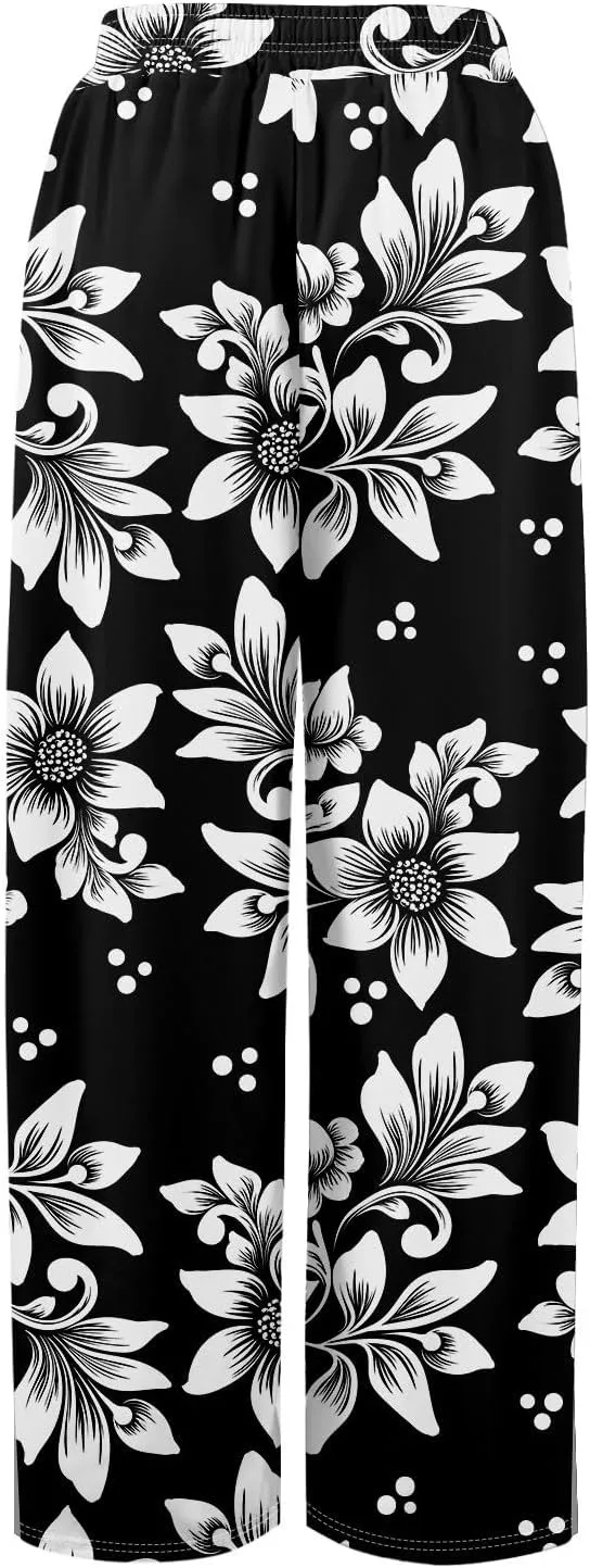 Women Casual Summer Boho Palazzo Pants High Waist Wide Leg Floral Beach Vacation Trousers with Pockets