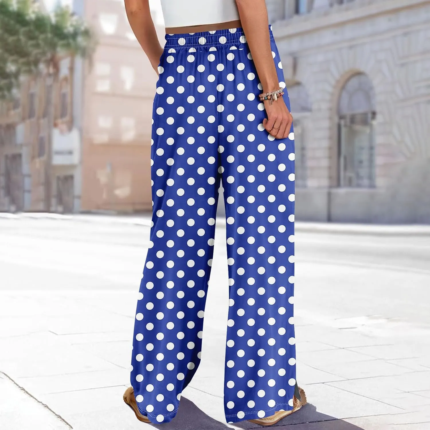 Women Casual Summer Boho Palazzo Pants High Waist Wide Leg Floral Beach Vacation Trousers with Pockets