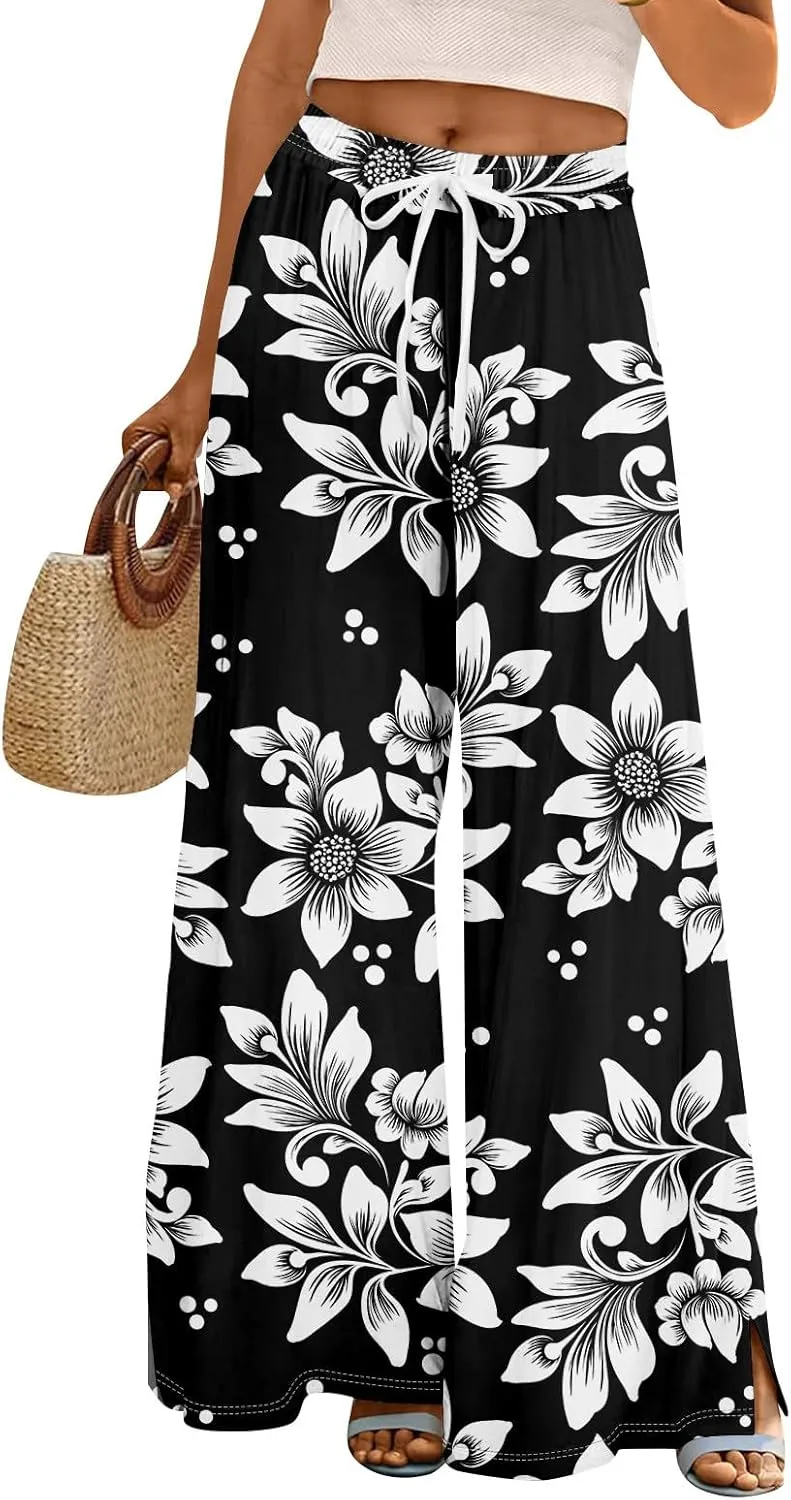 Women Casual Summer Boho Palazzo Pants High Waist Wide Leg Floral Beach Vacation Trousers with Pockets