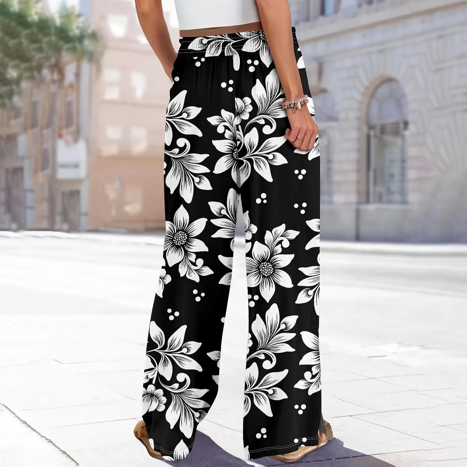 Women Casual Summer Boho Palazzo Pants High Waist Wide Leg Floral Beach Vacation Trousers with Pockets