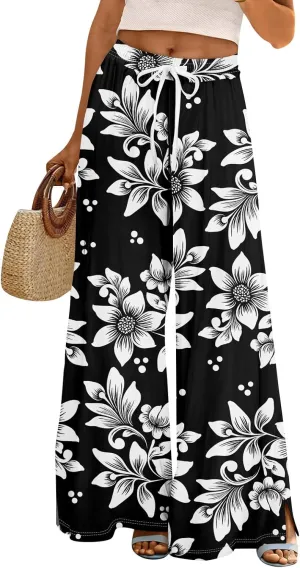 Women Casual Summer Boho Palazzo Pants High Waist Wide Leg Floral Beach Vacation Trousers with Pockets