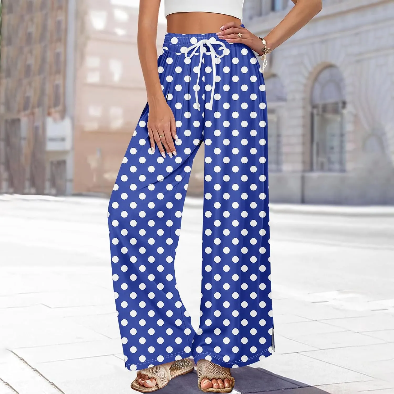 Women Casual Summer Boho Palazzo Pants High Waist Wide Leg Floral Beach Vacation Trousers with Pockets