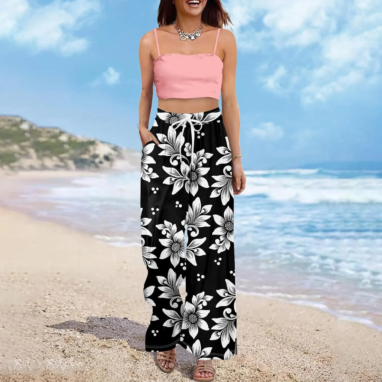 Women Casual Summer Boho Palazzo Pants High Waist Wide Leg Floral Beach Vacation Trousers with Pockets