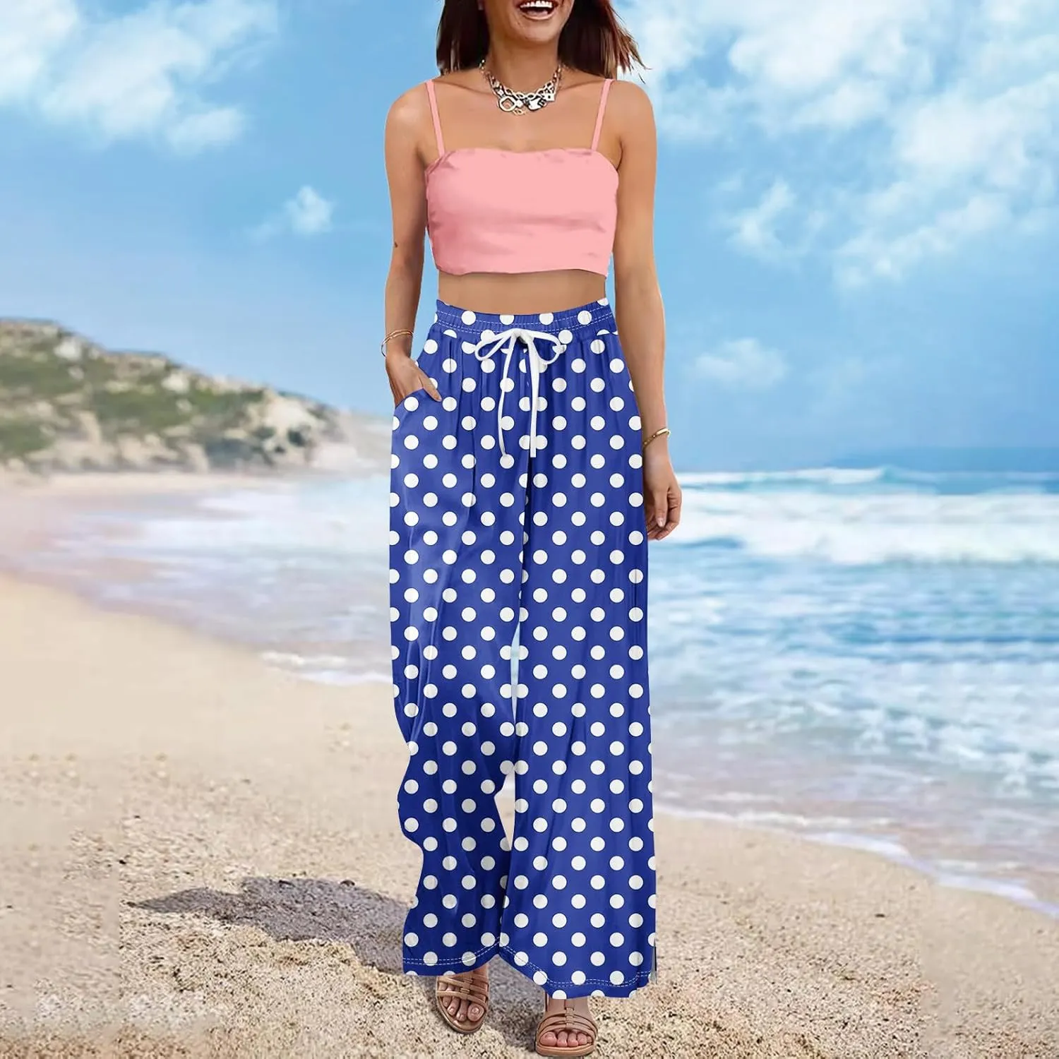 Women Casual Summer Boho Palazzo Pants High Waist Wide Leg Floral Beach Vacation Trousers with Pockets