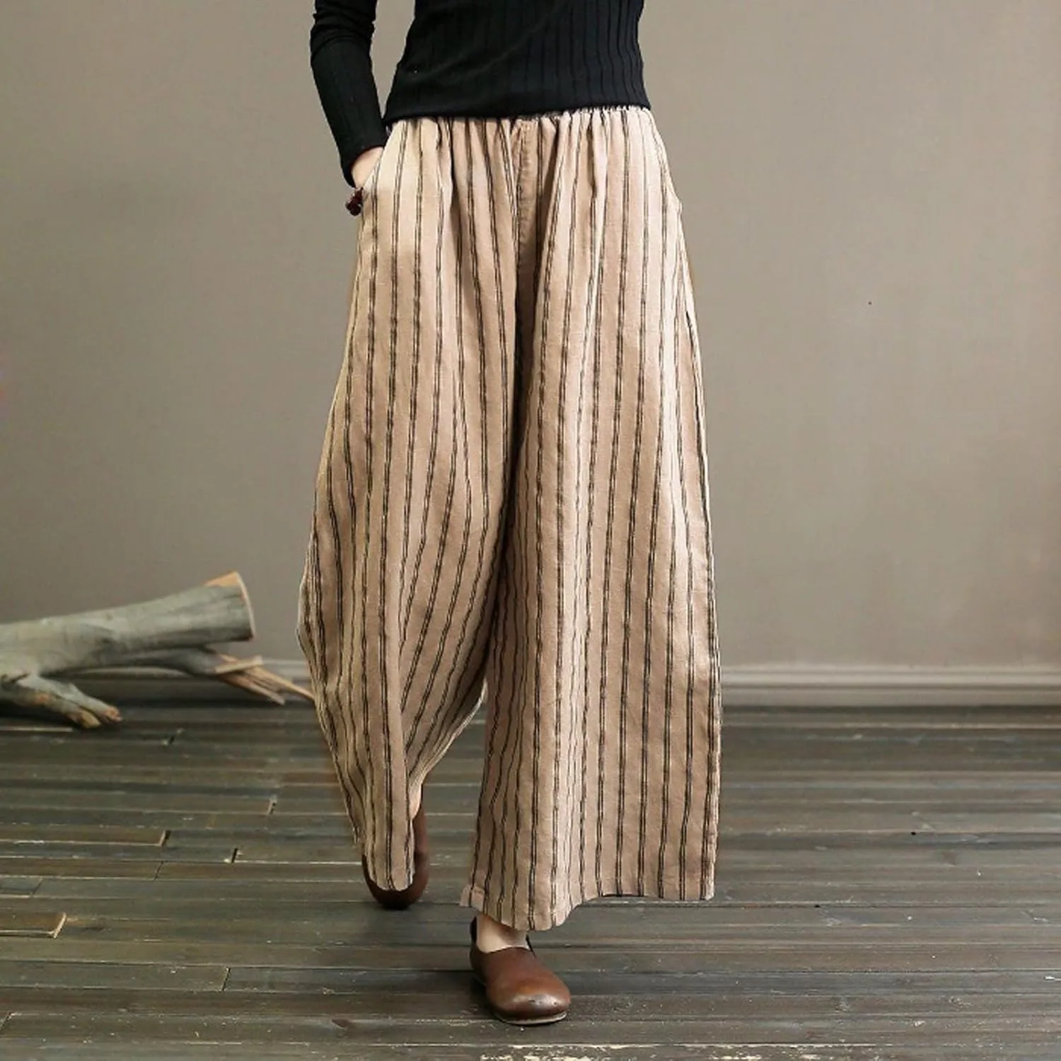 Women Cotton Linen Pants Wide Leg Striped Plus Size Pant High Waist Loose Comfy Trousers Casual Summer Fall Sweatpant