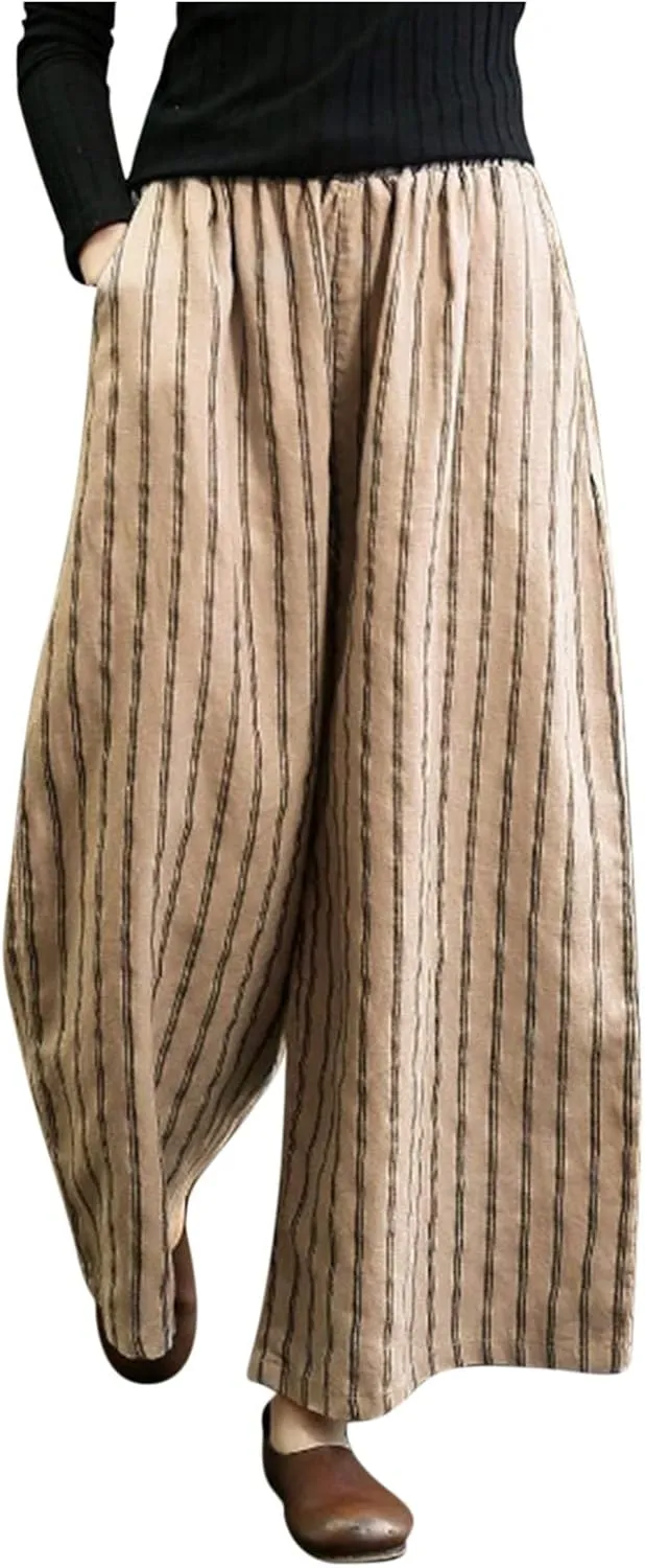 Women Cotton Linen Pants Wide Leg Striped Plus Size Pant High Waist Loose Comfy Trousers Casual Summer Fall Sweatpant