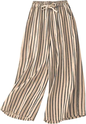 Women Cotton Linen Pants Wide Leg Striped Plus Size Pant High Waist Loose Comfy Trousers Casual Summer Fall Sweatpant