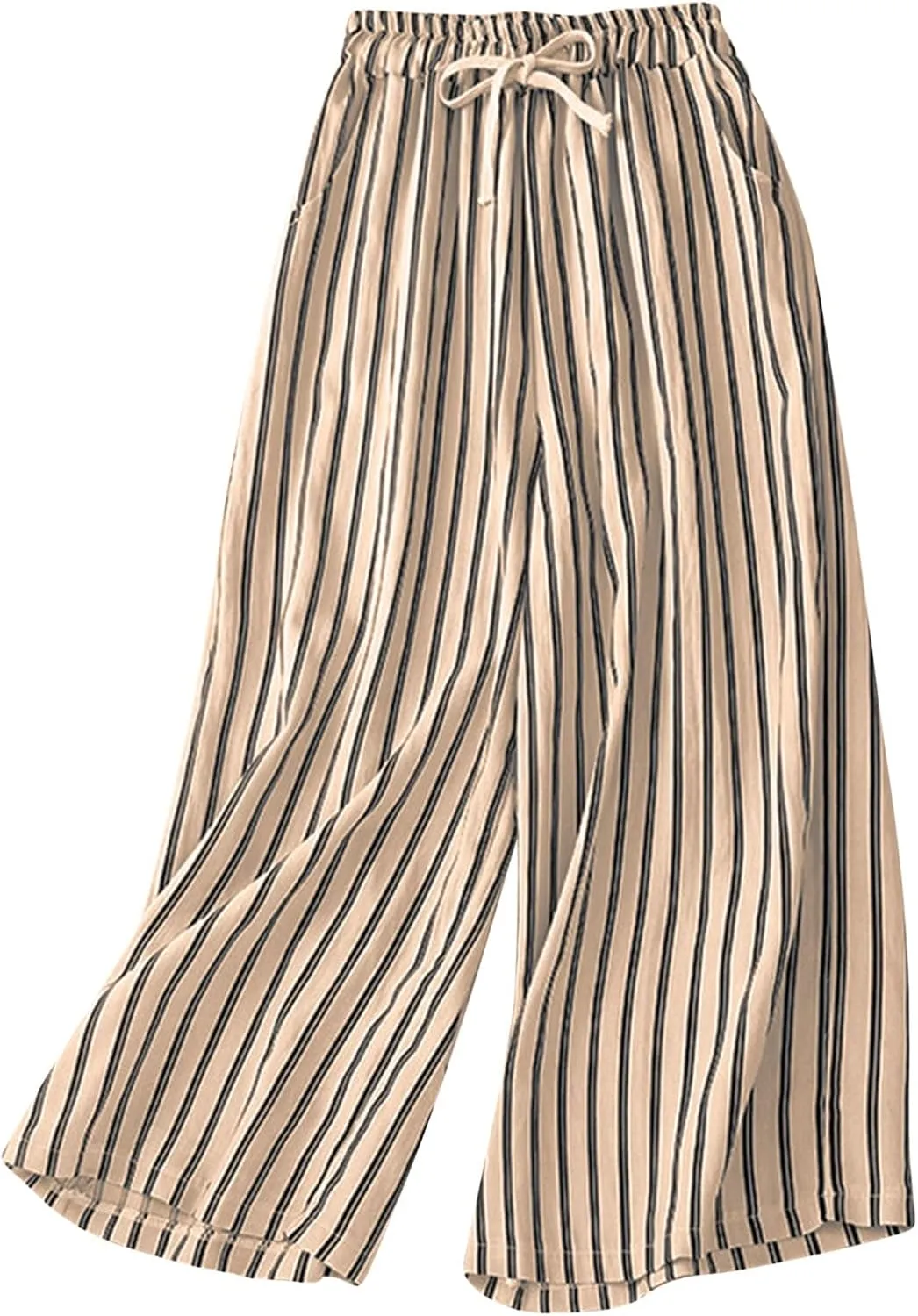 Women Cotton Linen Pants Wide Leg Striped Plus Size Pant High Waist Loose Comfy Trousers Casual Summer Fall Sweatpant