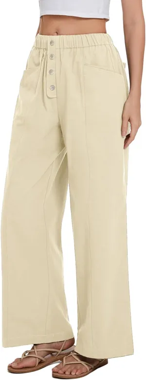 Women Cotton Pants Wide Leg Palazzo Long Lounge Slacks Drawstring High Waist Button Trousers Pocket