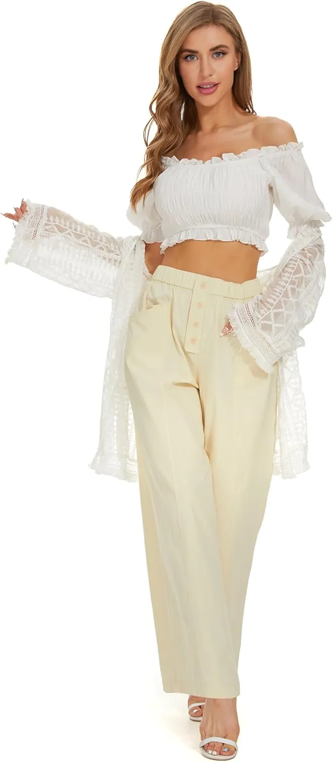 Women Cotton Pants Wide Leg Palazzo Long Lounge Slacks Drawstring High Waist Button Trousers Pocket