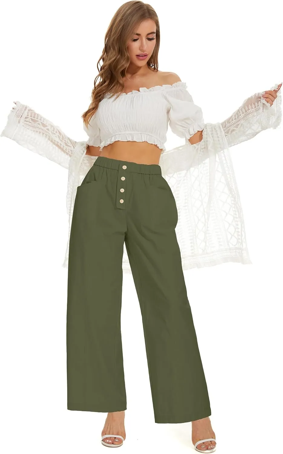 Women Cotton Pants Wide Leg Palazzo Long Lounge Slacks Drawstring High Waist Button Trousers Pocket