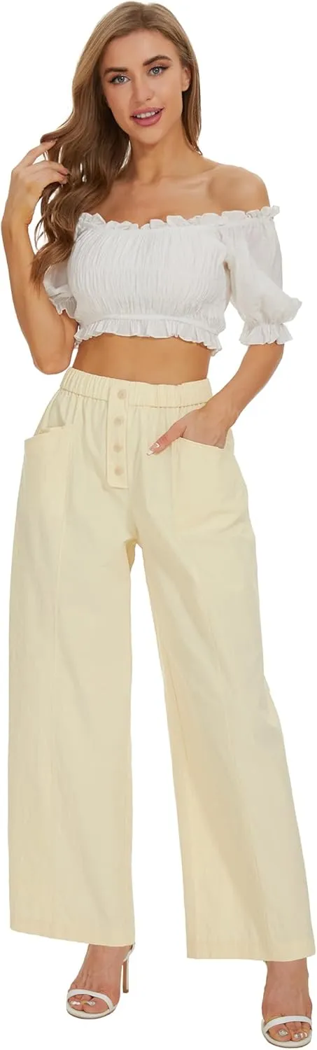 Women Cotton Pants Wide Leg Palazzo Long Lounge Slacks Drawstring High Waist Button Trousers Pocket
