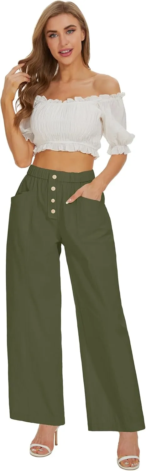 Women Cotton Pants Wide Leg Palazzo Long Lounge Slacks Drawstring High Waist Button Trousers Pocket