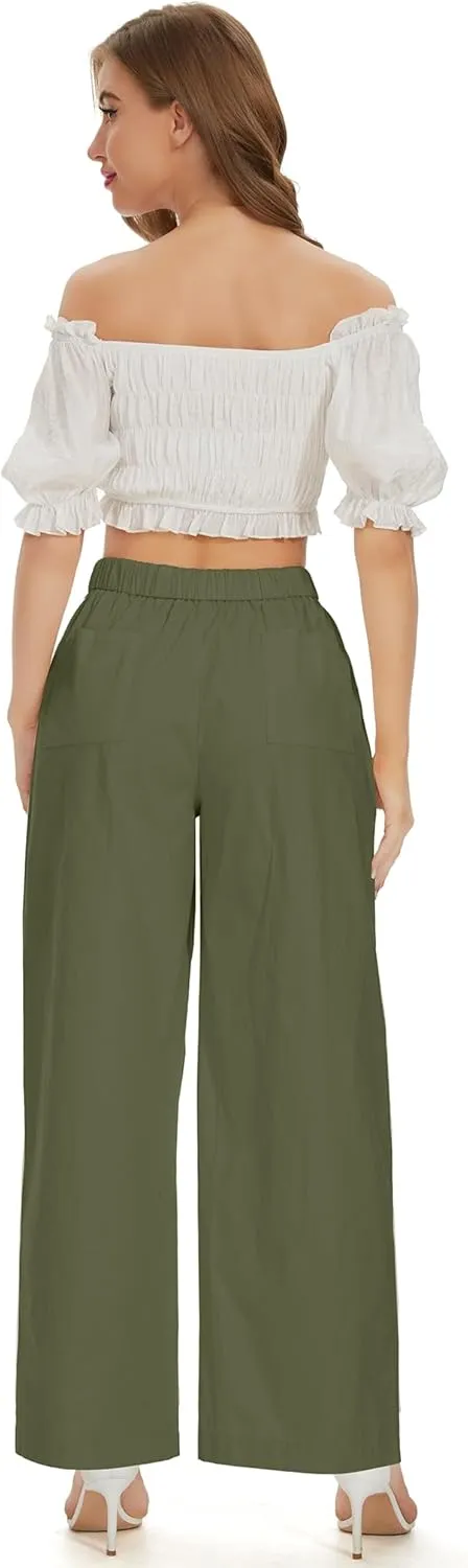 Women Cotton Pants Wide Leg Palazzo Long Lounge Slacks Drawstring High Waist Button Trousers Pocket