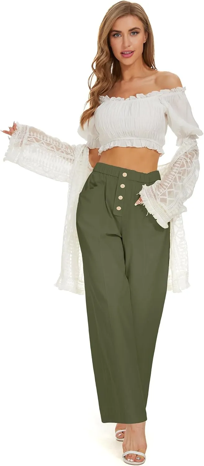 Women Cotton Pants Wide Leg Palazzo Long Lounge Slacks Drawstring High Waist Button Trousers Pocket