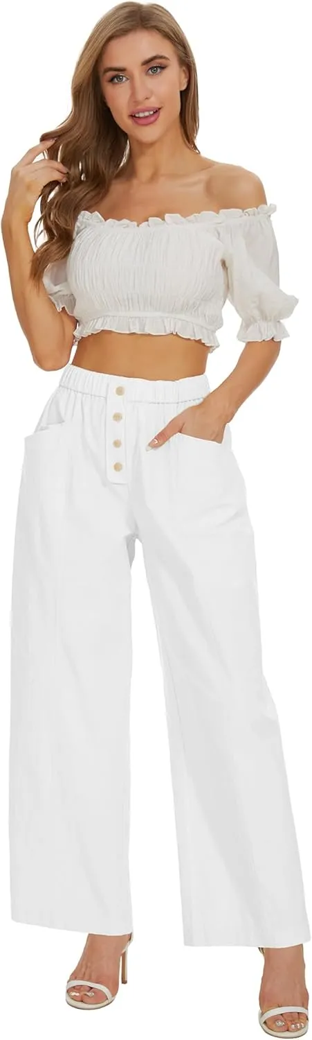 Women Cotton Pants Wide Leg Palazzo Long Lounge Slacks Drawstring High Waist Button Trousers Pocket