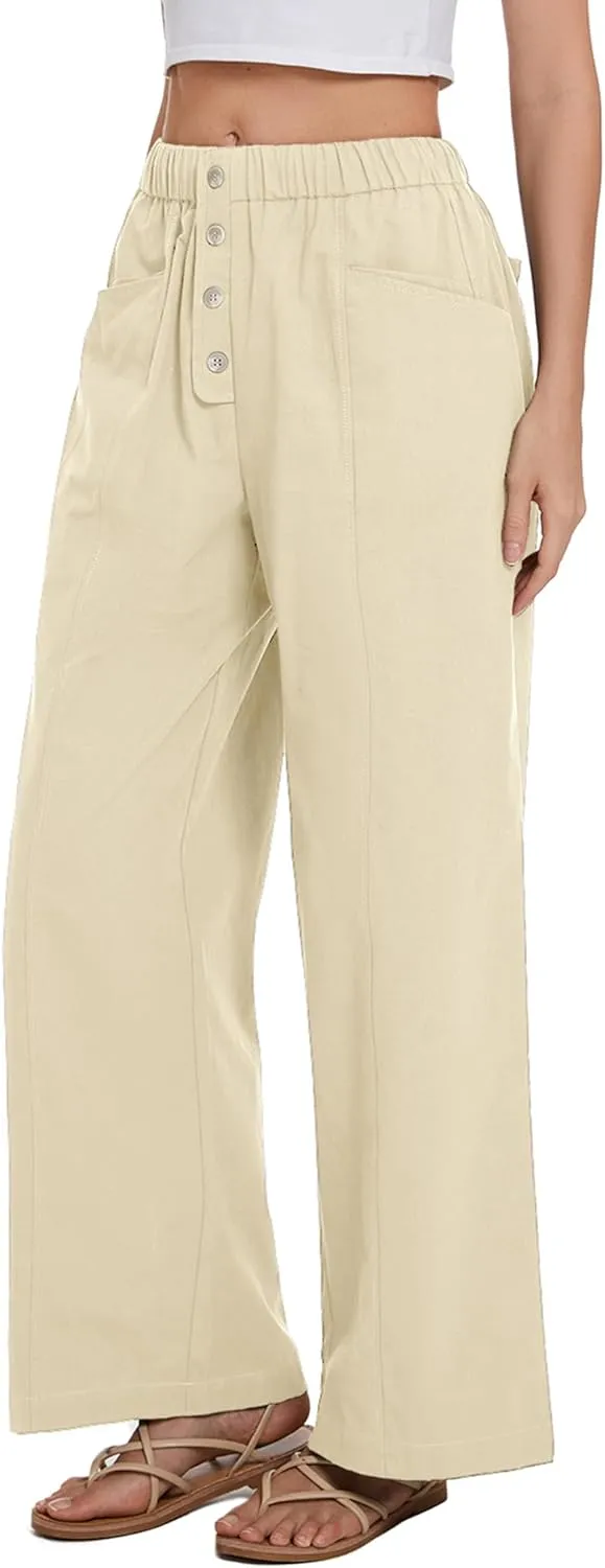 Women Cotton Pants Wide Leg Palazzo Long Lounge Slacks Drawstring High Waist Button Trousers Pocket