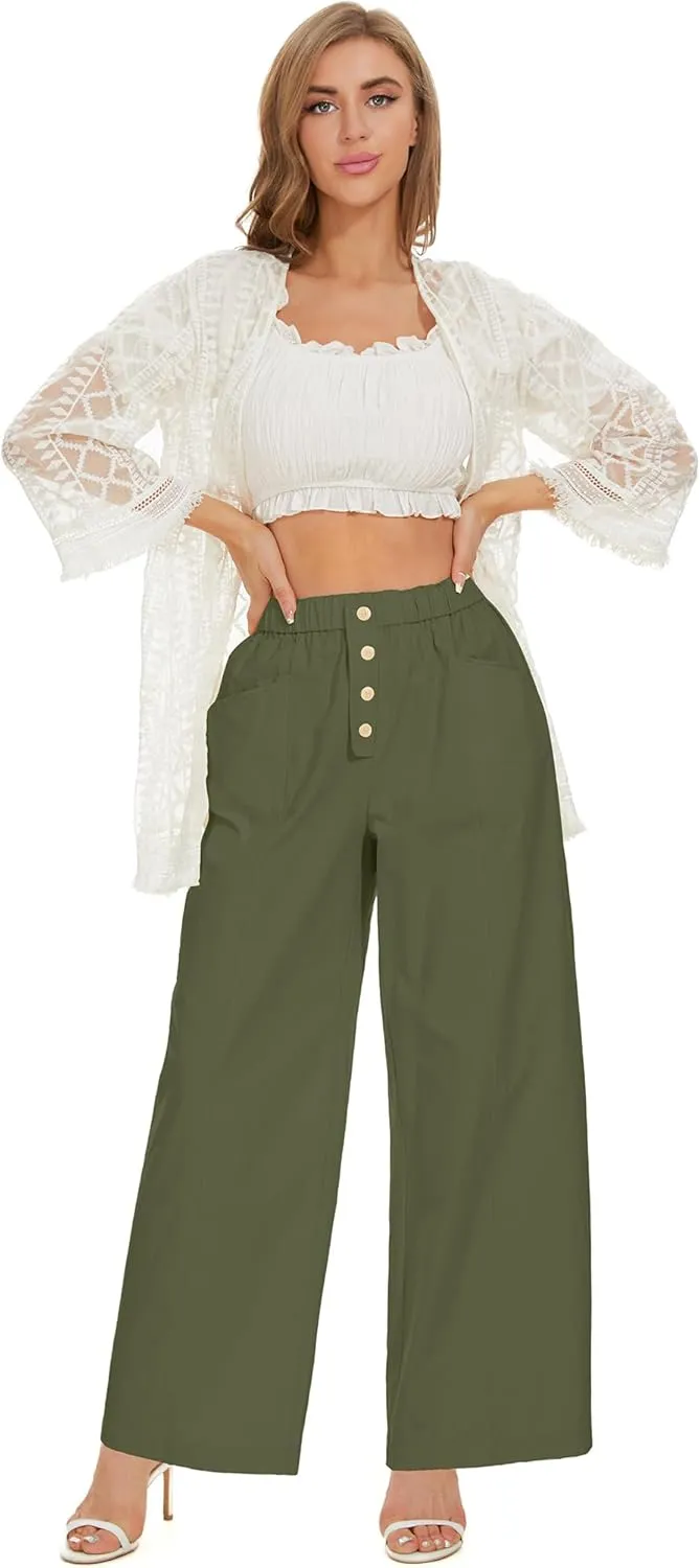 Women Cotton Pants Wide Leg Palazzo Long Lounge Slacks Drawstring High Waist Button Trousers Pocket