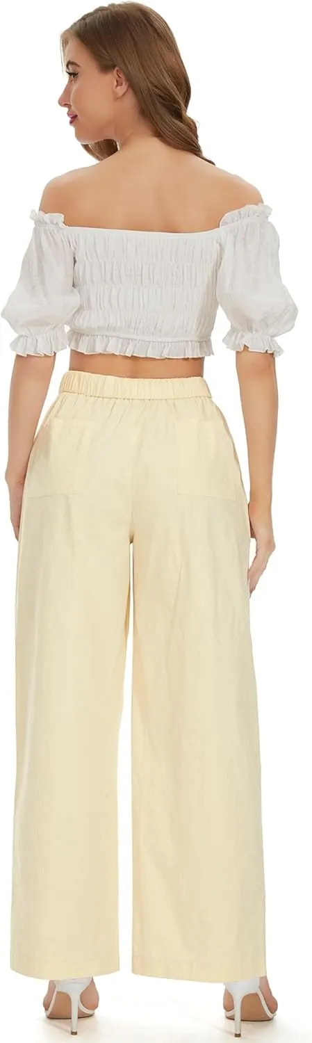 Women Cotton Pants Wide Leg Palazzo Long Lounge Slacks Drawstring High Waist Button Trousers Pocket