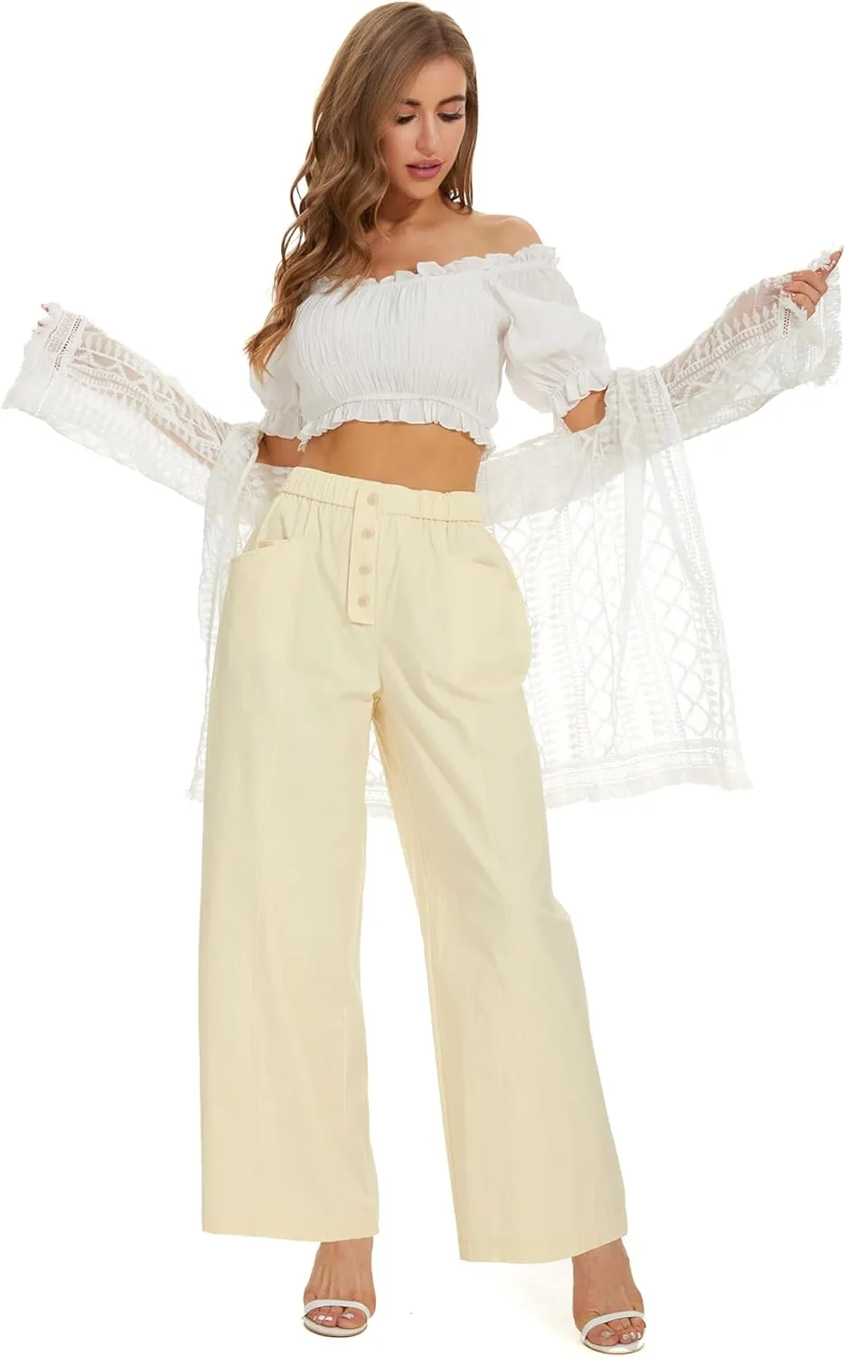 Women Cotton Pants Wide Leg Palazzo Long Lounge Slacks Drawstring High Waist Button Trousers Pocket