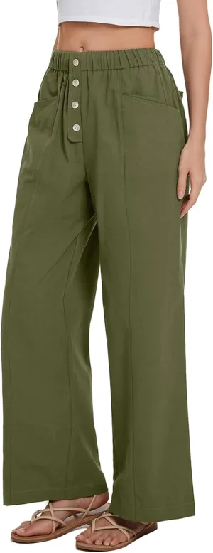 Women Cotton Pants Wide Leg Palazzo Long Lounge Slacks Drawstring High Waist Button Trousers Pocket