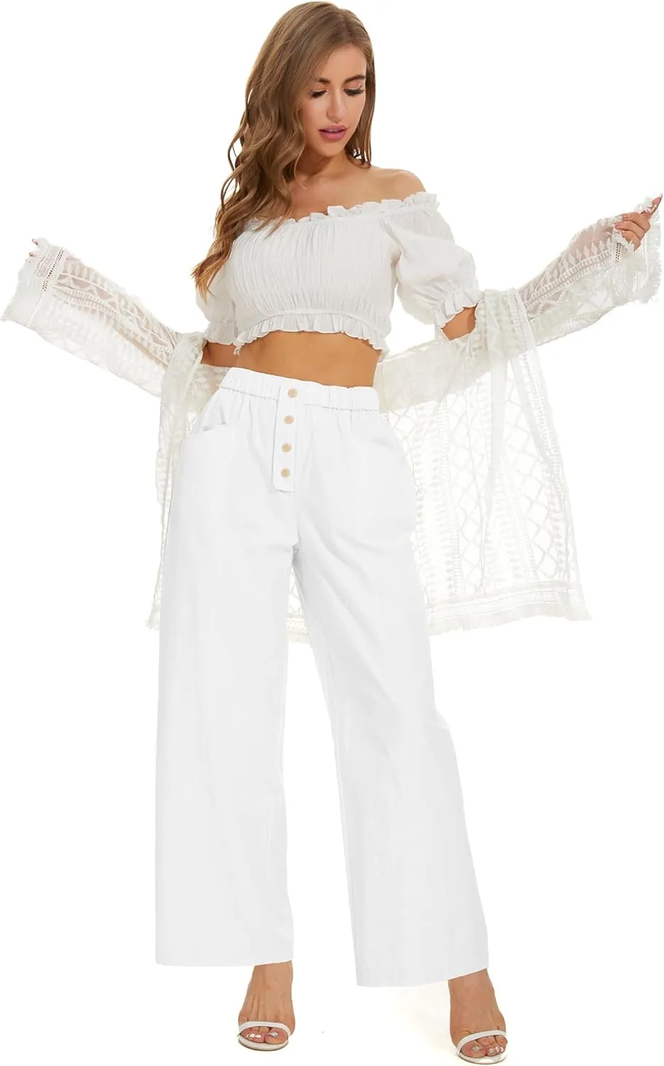 Women Cotton Pants Wide Leg Palazzo Long Lounge Slacks Drawstring High Waist Button Trousers Pocket