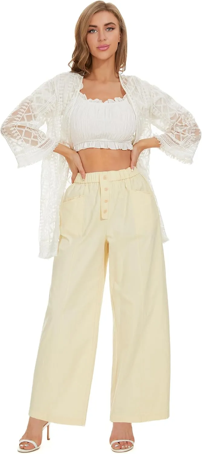 Women Cotton Pants Wide Leg Palazzo Long Lounge Slacks Drawstring High Waist Button Trousers Pocket
