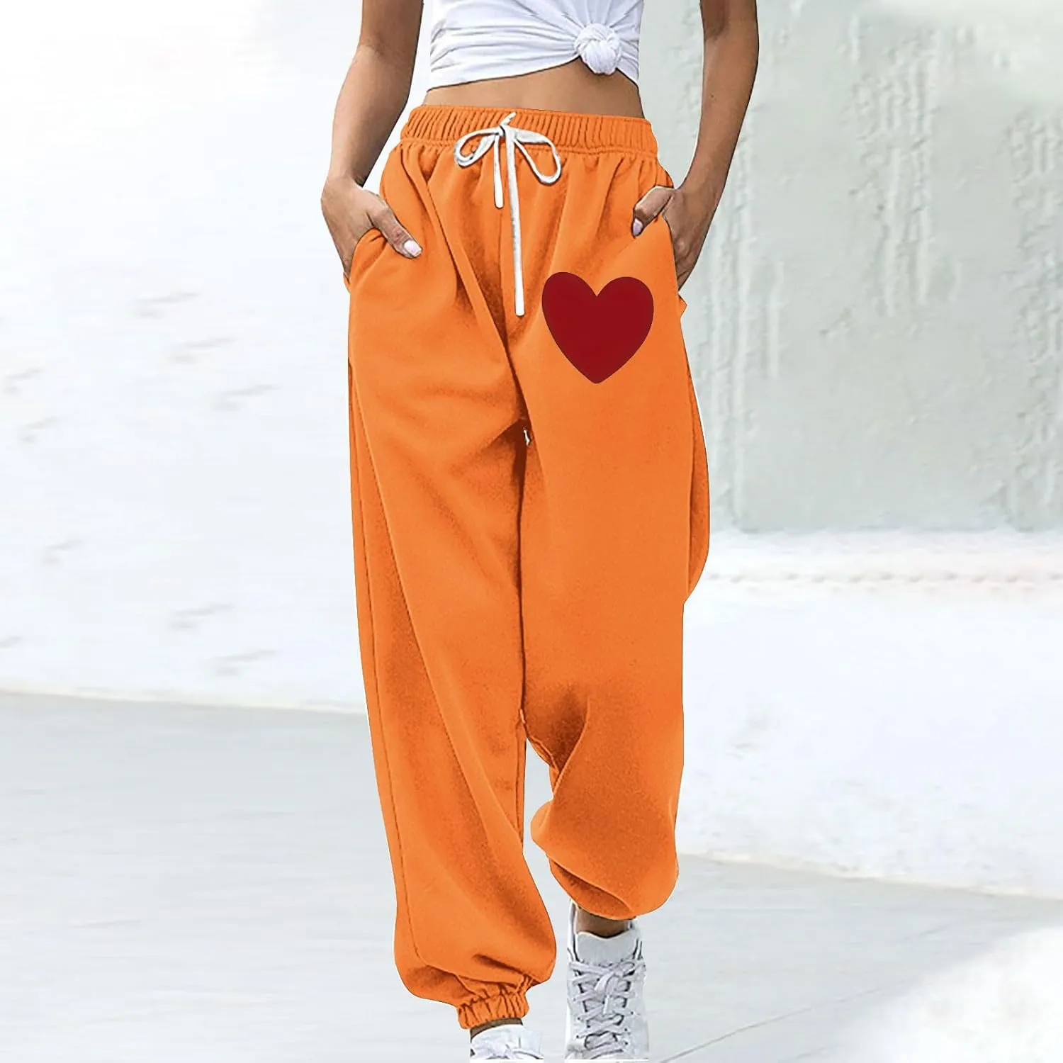 Women Heart Print Sweatpants High Waist Baggy Sweatpants Joggers Sport Active Trousers Workout Pants with Pockets