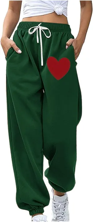 Women Heart Print Sweatpants High Waist Baggy Sweatpants Joggers Sport Active Trousers Workout Pants with Pockets