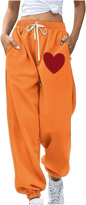Women Heart Print Sweatpants High Waist Baggy Sweatpants Joggers Sport Active Trousers Workout Pants with Pockets