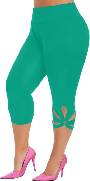 Women Hollow Design Solid Plus Size High Waist Leggings Capri Pants Stretch Workout Pant