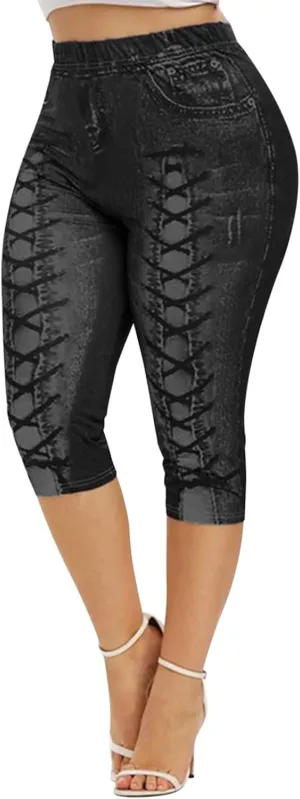 Women Hollow Design Solid Plus Size High Waist Leggings Capri Pants Stretch Workout Pant