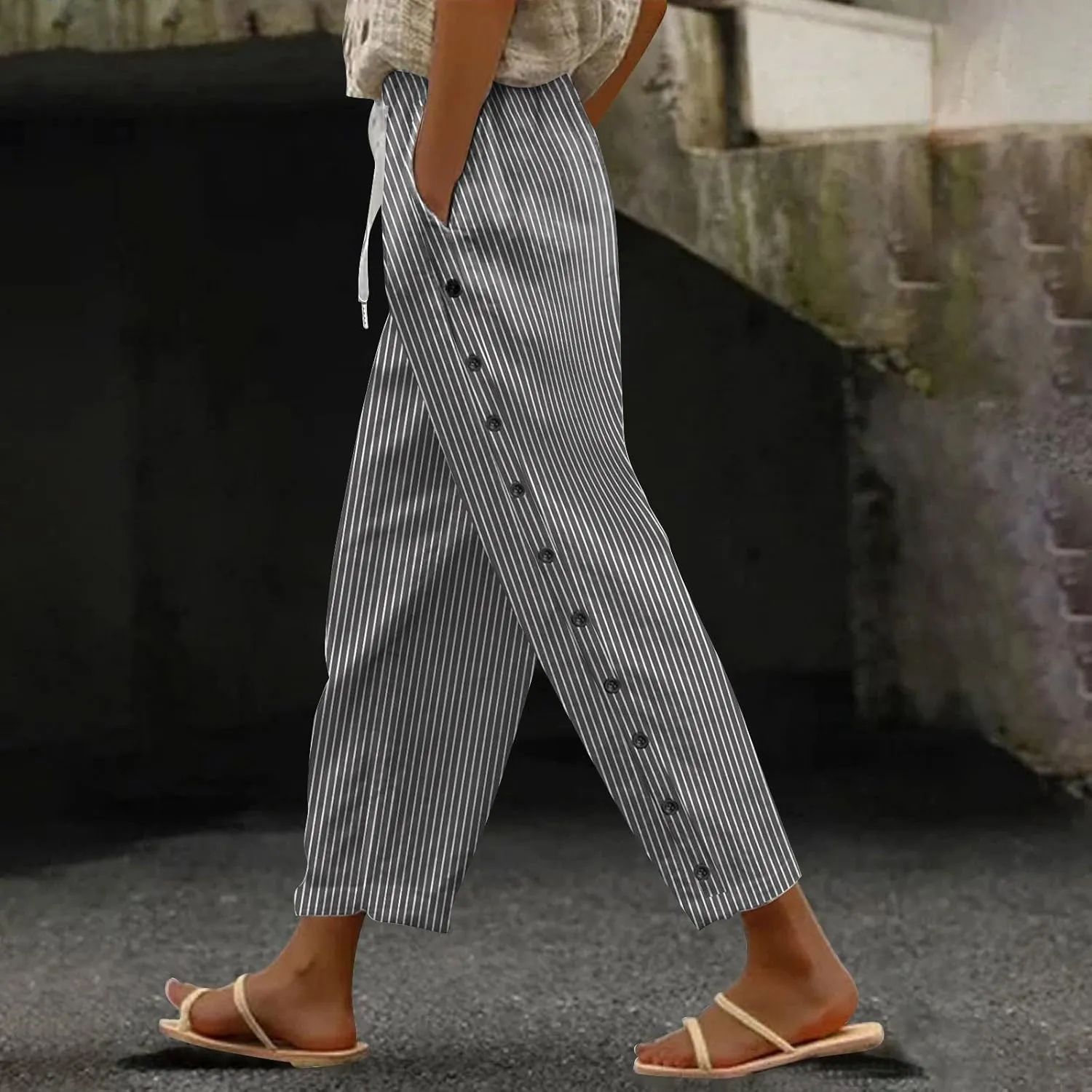 Women Oversized Striped Cropped Pants Office Work Business Trendy High Waisted Trouser Sport Jogger Casual Sweatpants