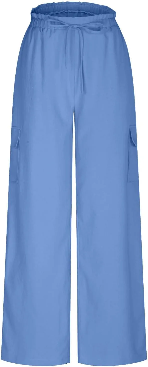 Women Palazzo Pants with Pockets Summer Casual Wide Leg High Waist Lounge Pants Flowy Beach Trousers Travel