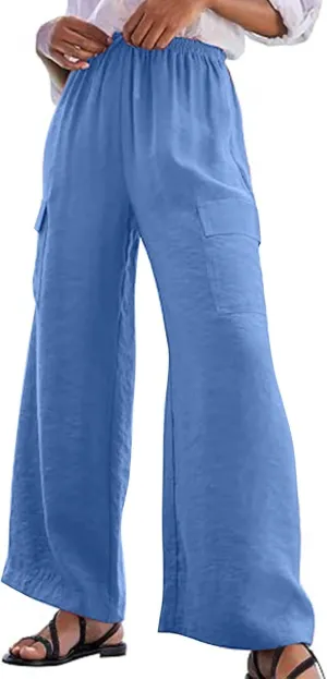 Women Palazzo Pants with Pockets Summer Casual Wide Leg High Waist Lounge Pants Flowy Beach Trousers Travel
